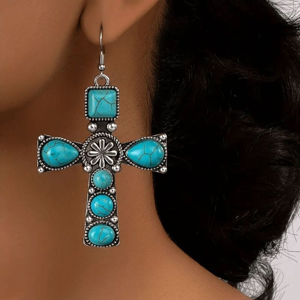 SILVER TURQUOISE WESTERN SOUTHWESTERN CROSS DANGLE EARRINGS